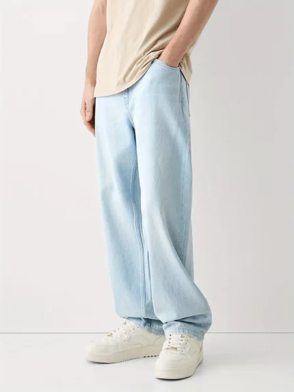 Men'S Casual Full-Length Stretchy Denim Jeans with Pockets And Baggy Straight Legs