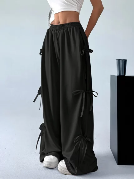 DP40493 Women's Elegant Solid Color Jogger Pants with Bow Accents