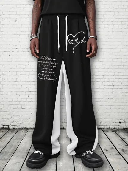Men's Black & White Color Block Sweatpants - Mid-Rise Drawstring