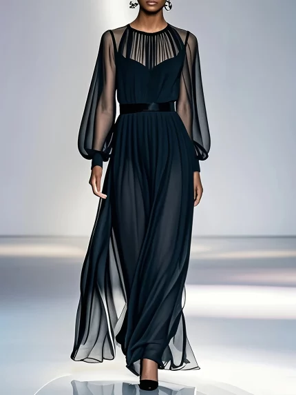 Women'S Summer 2025 New Gauze Pleated Sheer Sexy False Two Loose Crew Neck Maxi Dress
