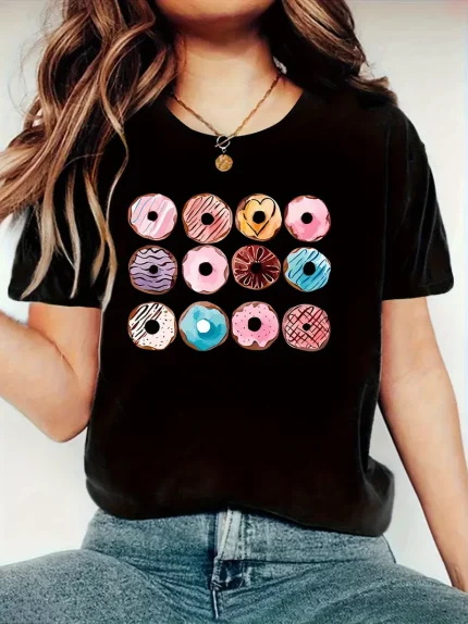 Printed-Shirt Women 12pcs Cartoon Donut Pattern-Shirt-Women'S