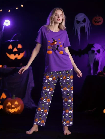 Purple Halloween Pajama Set with Pumpkin and Prints for Festive Nights