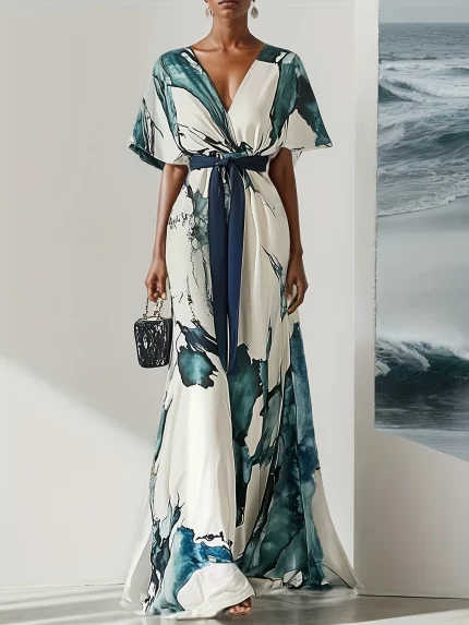 Alofi Women's 2025 Summer Watercolor Print Maxi Dress - V-Neck Lace-Up Waist