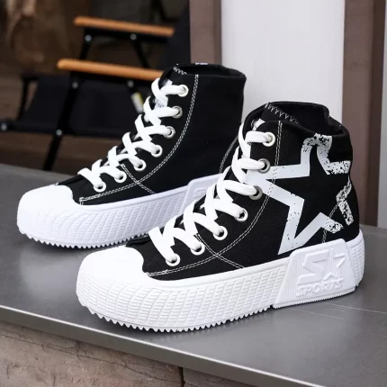 Women'S High-Top Star Print Sneakers - Black & White Casual