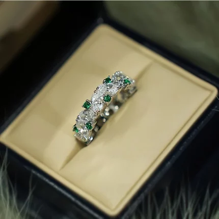 Rumble Jewelry Oval Row Ring Artificial Green Spindle Sterling 925 Silver High