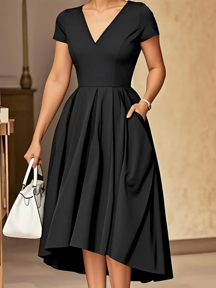 Women's Elegant V-Neck Short Sleeve A-Line Dress - Solid Black
