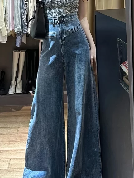 Retro Blue High-waisted Loose And Slim Floor-length Jeans
