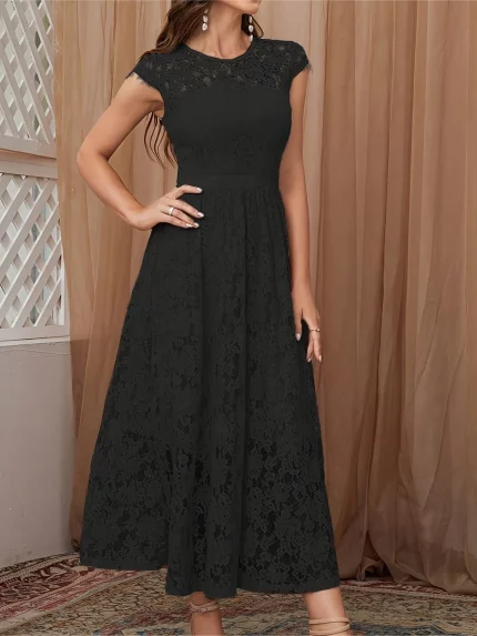 TOOLUCK Women'S Elegant Lace-Trimmed Short Sleeve Maxi