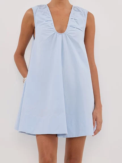 Women's V Neck Tank Dress Sleeveless Solid Color Loose Beach Casual