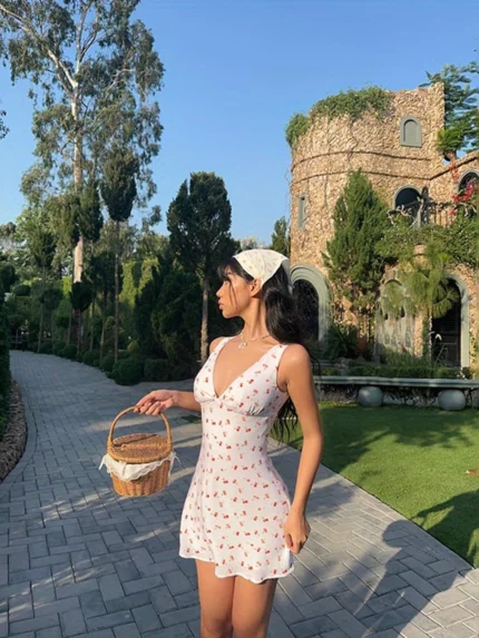 Women Mini Dress Cherry Print Deep V-Neck Sleeveless Dress Summer