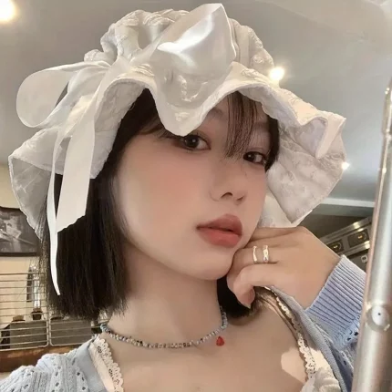 Women's Wide Brim Bucket Hat with Decorative Bow & Floral