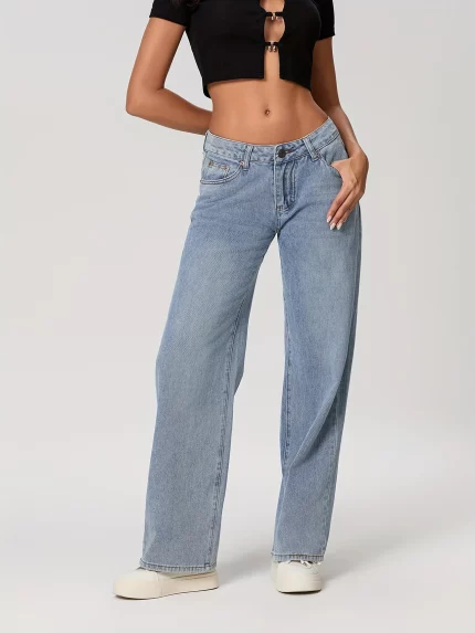omen's Non-Stretchy Jeans-like Pants - Structured Wide Leg Trousers with Multiple