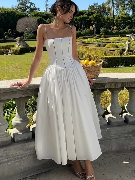 Women's Sexy Off-Shoulder Slim A-Line Mid-Length Skirt - White with Vertical Stripes