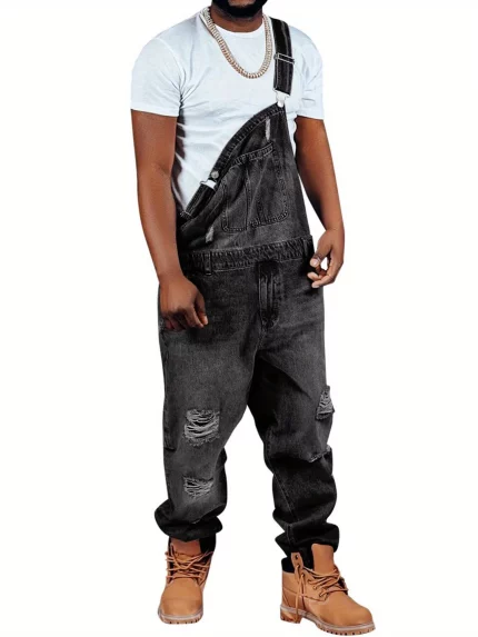 Men'S Denim Bib Overall Distressed Jeans Fashion Casual Loose Fit Adjustable Strap