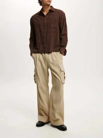 1pc Men'S Casual Corduroy Work Pants - Elastic Waist, Solid Color