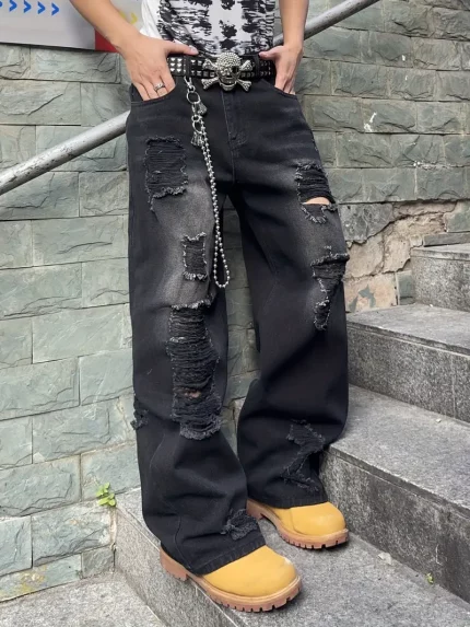 Unisex Loose Fit Distressed Denim Jeans with Pockets - Y2K Streetwear Style
