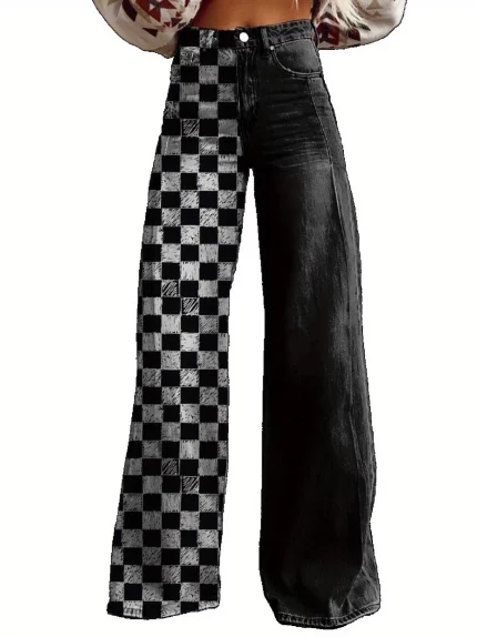 Women'S Checkered Print Asymmetric Wide - Leg Jeans