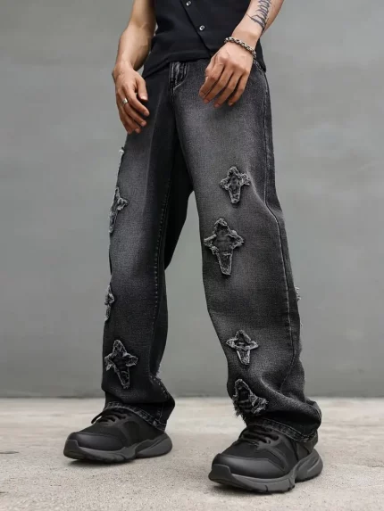 Men's Streetwear Jeans - Loose Fit Straight-Leg Pants with Star Patchwork