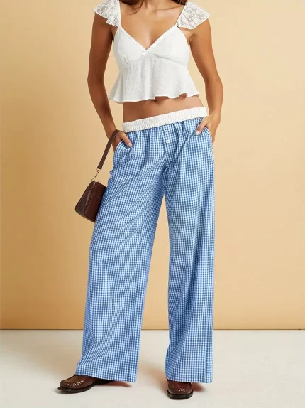 Women'S Cotton Plaid Wide-Leg Pants, Casual All-Season Skinny