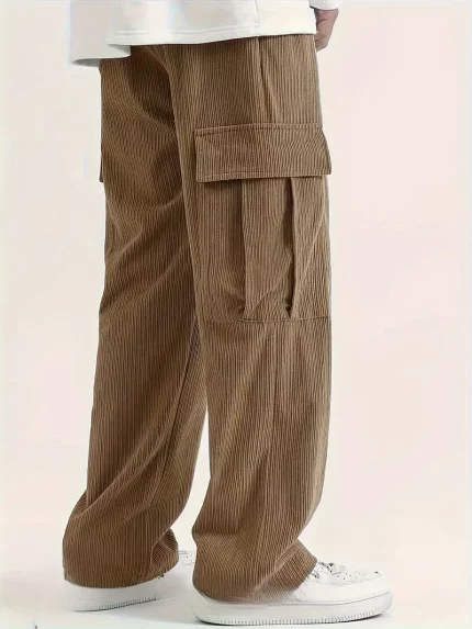 Men's Solid Wide Leg Textured Cargo Pants for Spring Fall, Trendy Leisure Trousers