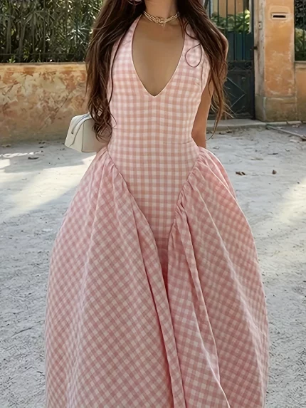 Women's Pink & White Gingham Plaid Halter Neck Spaghetti Suspender