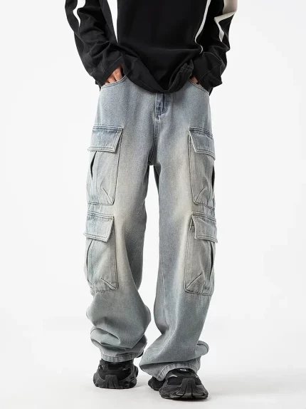 Men'S Casual Blue Cargo Jeans - Multi-Pocket Functional Straight-Leg Pants