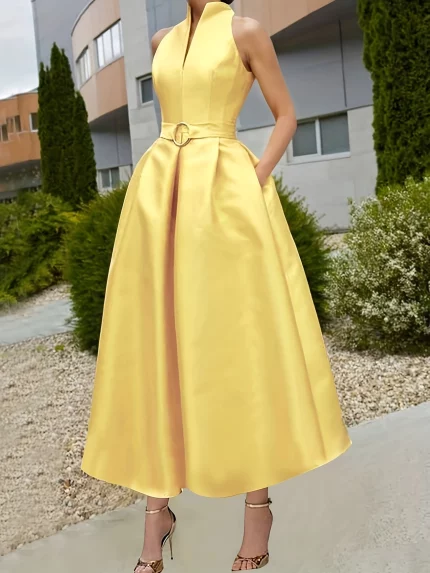 Women's Elegant Sleeveless V-Neck Waist Cinched A-Line Midi Dress - Solid