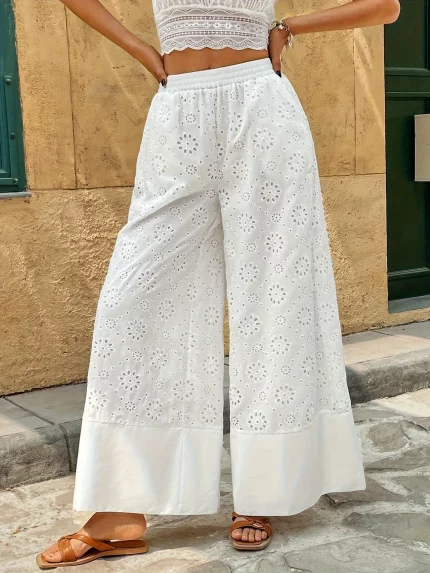 Women's Elegant Floral-Embellished Wide-Leg Pants - Non-Stretchy