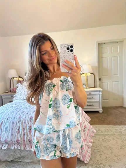 Women Pajamas Set 2pcs Loungewear Suits Floral Print Tie-Up Straps Sleeveless