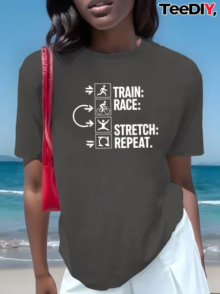 teediy Women's Workout T-Shirt - Training Graphic Tee with TRAIN.RACE.STRETCH.REPEAT Icons - Soft