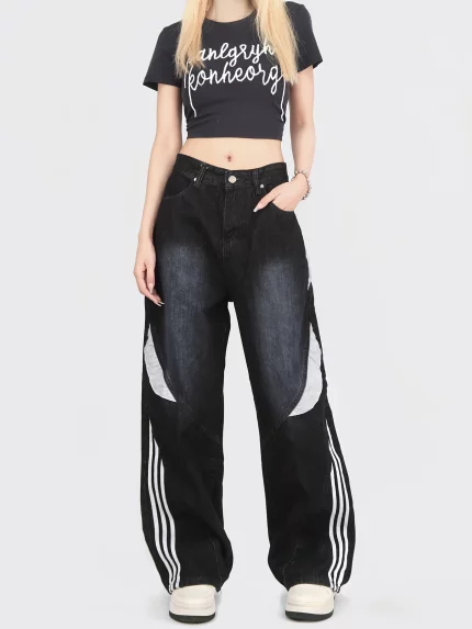Women'S High-Waist Straight-Leg Jeans with Side Stripe Patch - Denim Pants