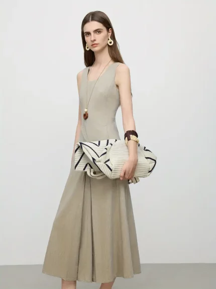 FSLE Women'S Sleeveless A-Line Dress - U-Neck, Beige