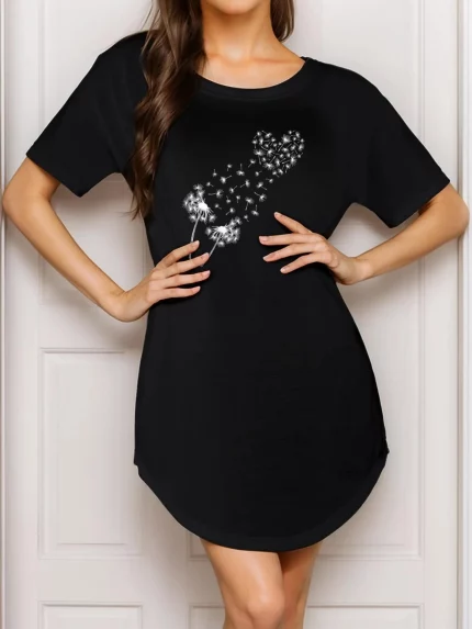 Women's Casual T-Shirt Dress - Cute Dandelion Heart Floral print, Black & White Everyday
