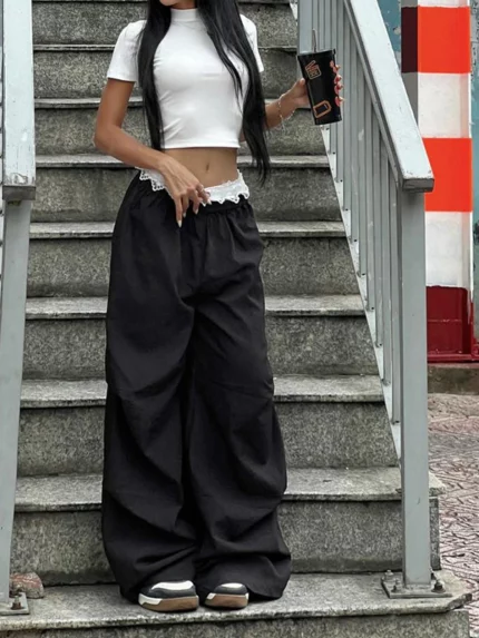 Women Loose Cargo Pants Lace Patchwork Elastic Baggy Joggers Sweatpants