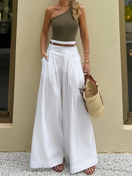 Women'S High-Waisted Wide-Leg Pants - Elegant Loose Fit, Solid Color