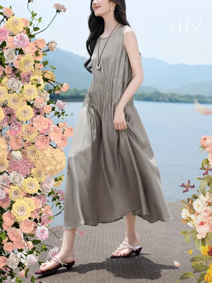 XWI Women's Sleeveless Loose-Fit Midi Dress - Light Grey Breathable Round Neck Summer Dress