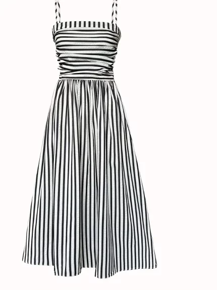 Women'S Off-Shoulder Striped Maxi Dress - Black & White Vertical Stripes