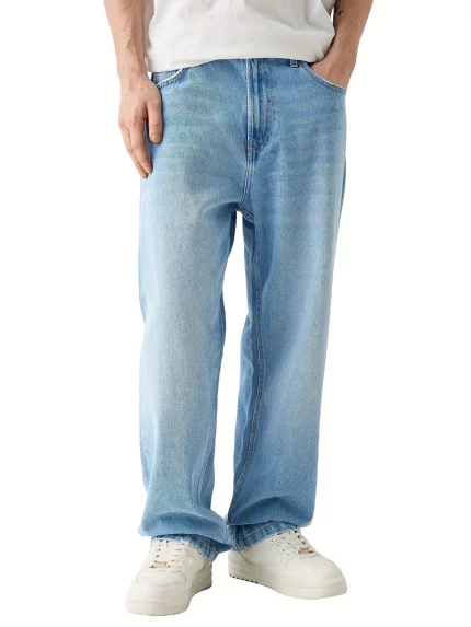 Casual Full-Length Men'S Denim Jeans with Pockets, Featuring a Baggy