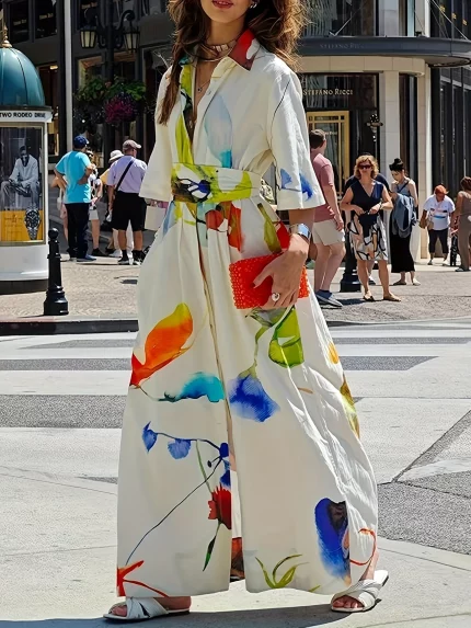 Women's Casual Elegant Floral Print Maxi Shirt Dress - Half Sleeve Button