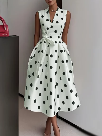 Women's Elegant White & Black Polka Dot V-Neck Sleeveless A-Line Mini Dress
