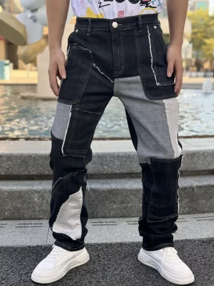 Men'S Y2K Street Style Stretch Jeans - Individual Stitching, Straight Leg