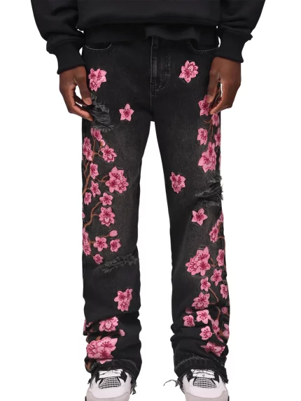 Men Loose Denim Pants Floral Embroidery Ripped Jeans with Pockets