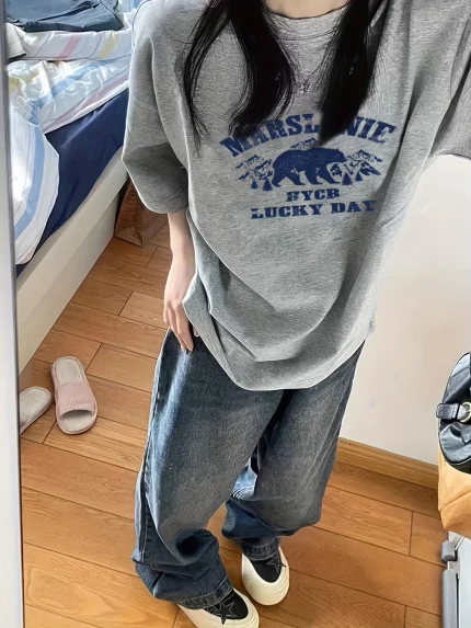 Women's European-American Style Oversized T-Shirt - Heather Gray with Lucky