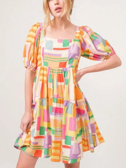 Womens Casual Summer Midi Dress Retro Geometric Print Square