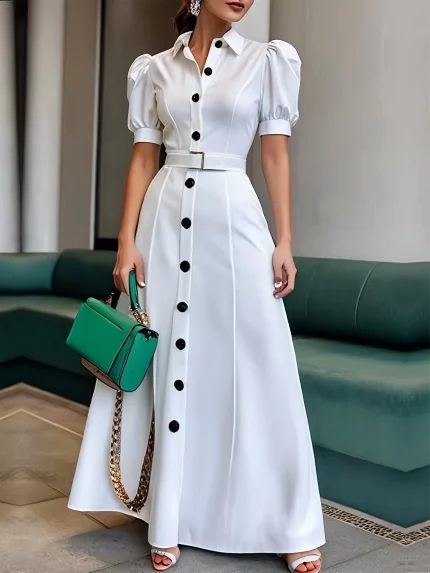 Women's Elegant Summer Button-Front Collar Dress with Adjustable Waist - Slim-Fit Top & Flowy A-Line Skirt