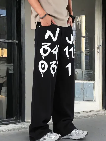 Men's Casual Loose Straight Leg Black Jeans with White Letter Print - Machine