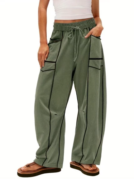 Women'S Casual Loose Wide-Leg Pants with Drawstring Waistband - Light