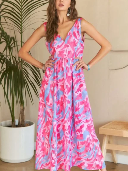Womens Casual Floral Watercolor Chic Sleeveless V Neck Empire Waist Maxi