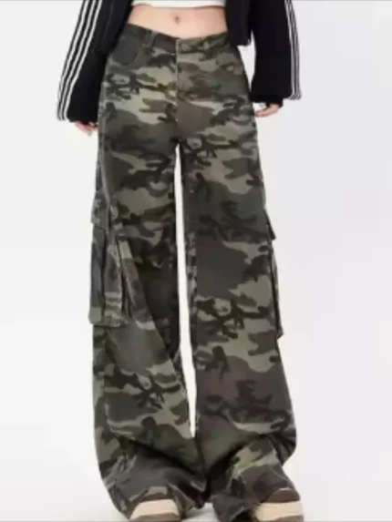 Women'S Camouflage Print Wide-Leg Cargo Pants, Multi-Pocket Design