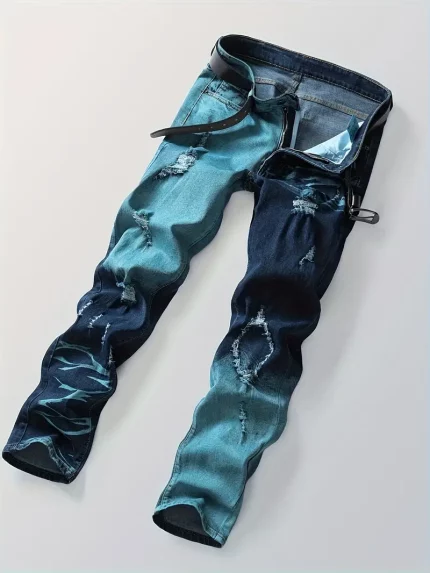 Men's Trendy Jeans, American Style Khaki Jeans, Fashionable Ripped Jeans